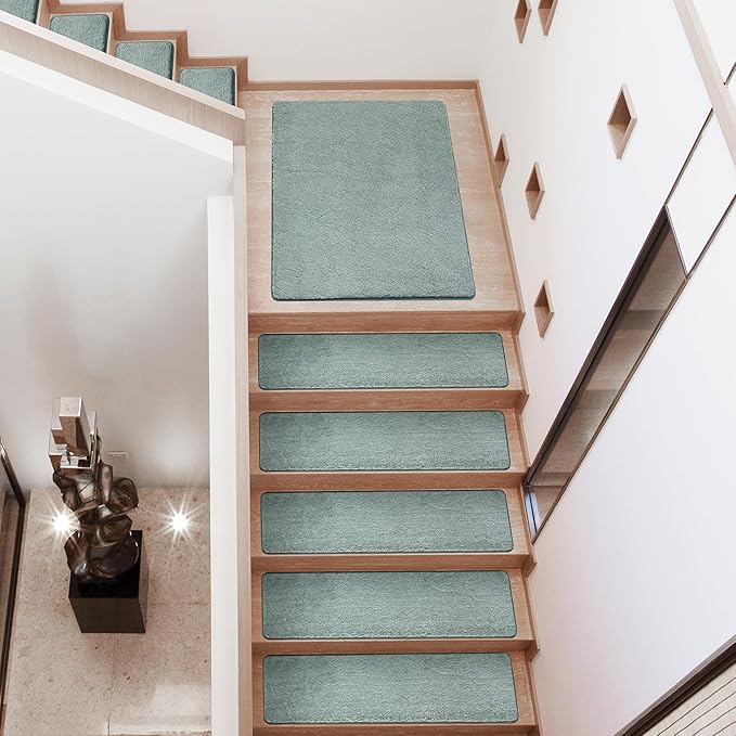 PURE ERA Carpet Stair Treads Ultra Plush 8 x30 inch Soft Indoor Stair Protectors Pet-Friendly Non-Slip Skid Resistant Tape Free Washable Reusable (2 Pieces, Greenish Gray)