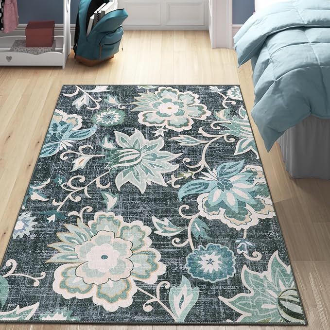 Beeiva Floral Area Rug for Bedroom, 4x6 Rug Paisley Vintage Blue Rug for Bedroom Ultra Thin Living Room Area Rug, Non Slip Machine Washable Area Rugs for Entryway Bathroom