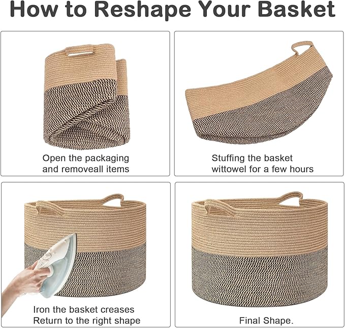 Large Storage Basket with Handle,23.6" x 23.6" x 15.7" Blanket Basket Storage Bins for Organizing,65L Cotton Rope Woven Baskets for Living Room, Nursery ,Bedroom,White&Blue