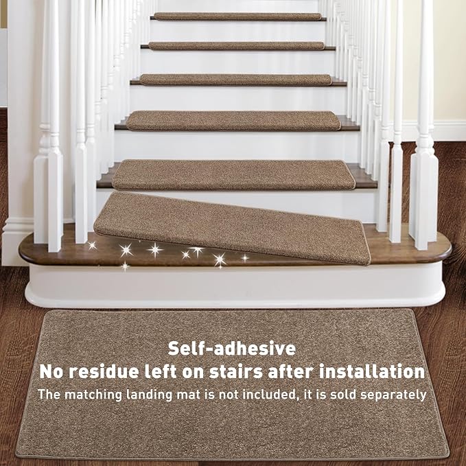 PURE ERA Bullnose Carpet Stair Treads Set Tape Free Non-Slip Indoor Stair Protectors Pet Friendly Rugs Covers Soft Skid Resistant Washable Reusable 9.5" x 30"(7 Pieces, Camel Brown)