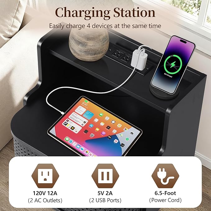 Metal Rattan End Table with Charging Station, Mid Century Modern Nightstand with 2 Doors, Bed Side Table with Storage for Couch,Living Room,Small Spaces, Sofa Side Table for Office,Dorm - Black