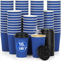 100 Pack 16 oz Disposable Coffee Cups with Lids and Straws, Insulated Ripple Wall To Go Paper Corrugated Cups, Bulk for Hot/Cold Drinks, Cafe Bar, Office, Chocolate, Cocoa (Navy)