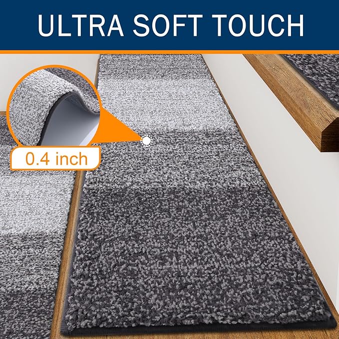 OLANLY Stair Treads Non Slip 15PCS, 8" x 30" Indoor Stair Runners for Wooden Steps, Edging Stair Rugs with Reusable Peel and Stick Adhesive for Kids Elders and Pets, Grey