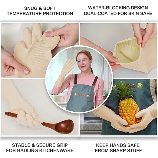 Mamison 2 Pairs Reusable Waterproof Household Dishwashing Cleaning Rubber Gloves, Non-Slip Kitchen Glove (Ivory, Small (Pack of 2))