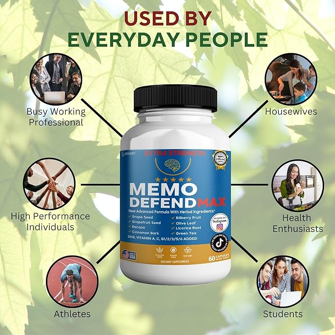 Memo Defend Max Memory Support Supplement, 60 Capsules, with Vitamins A C D E B Complex, DHA, Bacopa, Grapefruit Seed (5)