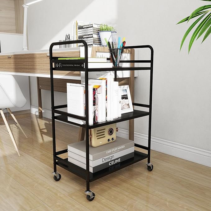 DCLRN 3 Tier Rolling Cart,Storage Organizer Cart,Multifunctional Storage Shelves,Rolling Metal Organization Cart with Handle and Lockable Wheels,for Home,Office,Kitchen,Bathroom(Black)