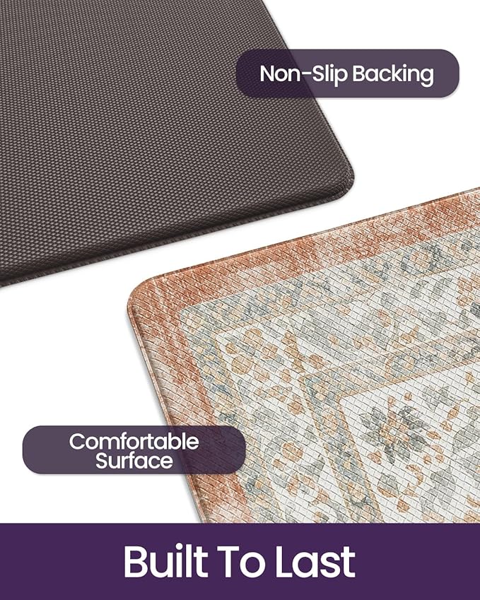DEXI Kitchen Floor Mats Anti Fatigue, 17x59 Cushioned Vintage Runner Rug Waterproof, Standing Comfort Memory Foam Padded for Front Sink Laundry Office, Orange and White