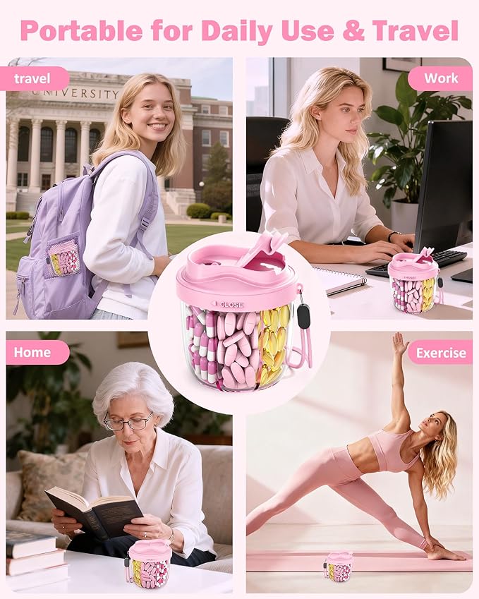 Cute Pill Organizer,Pill Dispenser with 7 Large Compartments,Portable Pill Bottle Box with Wide Opening for Easy Use, Anti-Mix Pills Organizer for Travel,Includes 20 Pcs Sticky Labels（Pink）