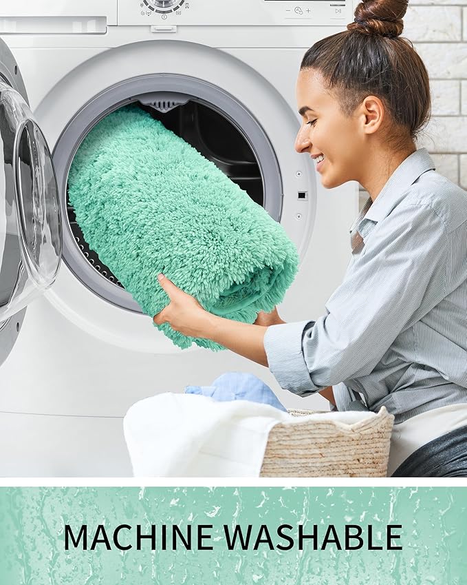 Bathroom Rugs 48x24, Ultra Thick Shaggy Soft Microfiber Absorbent Bath Rug, High Density Foam Latex Non Slip Backing, Machine Washable Bath Mats for Bathroom Floor & Sink, Spa Blue