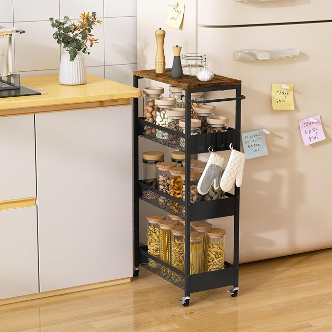 Slim Rolling Storage Cart, 4 Tier Metal Narrow Utility Cart with Handle and Wood Top, Multifunctional Small Mobile Shelf Unit Organizer Trolley for Laundry, Bathroom, Kitchen