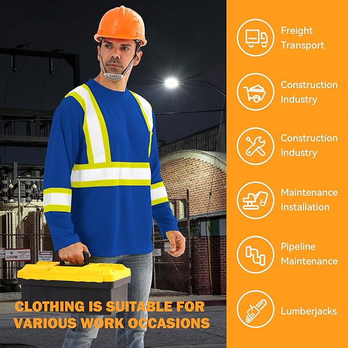 Hi Vis Safety Long Sleeve Shirts，High Visibility Class 3 T Shirts with Reflective Strips and Pocket, Quick Dry Mesh Construction Work Shirt for Men/Women (Blue,6XL)