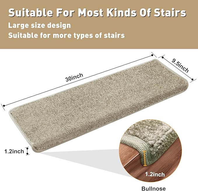 PURE ERA Bullnose Carpet Stair Treads Set Tape Free Non-Slip Indoor Stair Protectors Pet Friendly Rugs Covers Soft Skid Resistant Washable Reusable 9.5" x 30"(7 Pieces,Cream Gray)