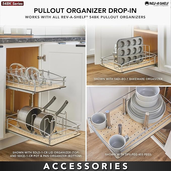 Rev-A-Shelf Pull Out Kitchen Cabinet Storage Organizer with Solid Bottom and Undermount Soft-Close Full Extension Slides, 54BK-15SC-1
