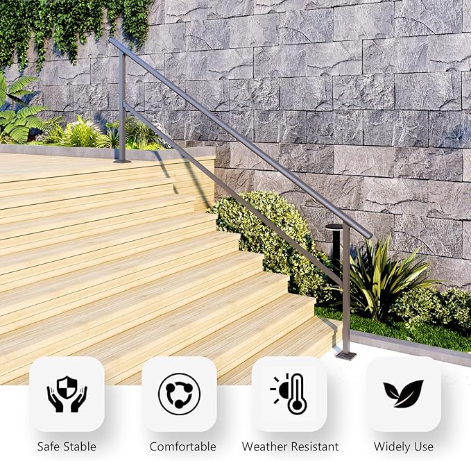 DIYHD 9 Step Handrail for Outdoor,Powder Coated Iron Stair Railing,Black Hand Rails for Indoor, Porch,Deck,1 Pack