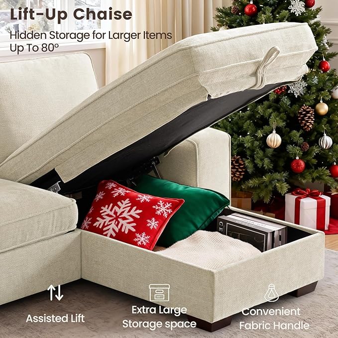 PARKOL 99" L-Shaped Sectional Couch with Storage, Sofa with Reversible Chaise, USB Type-C Charging, Chenille Fabric, Removable Cushion Covers, for Small Space, Apartment, Living Room, Beige