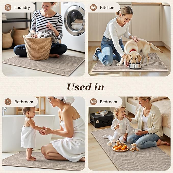 AMOAMI Kitchen Mats for Floor, Non Slip Washable Kitchen Rugs Absorbent Quick Dry and Easy to Clean, Kitchen Runner Rugs for Kitchen in Front of Sink, 17“*47”, Beige