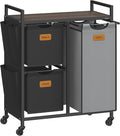VASAGLE Laundry Hamper with 3 Compartments, 26.4 Gal. (100 L) Laundry Sorter, Rolling Laundry Cart with Shelves, Small Side Pockets, 6 Labels, Chestnut Brown, Ink Black and Dove Gray UBLH202B01