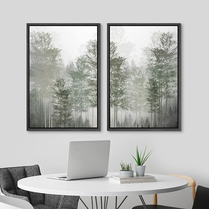 MUDECOR Framed Canvas Print Wall Art Pastel Watercolor Misty Fog Forest Tree Wilderness Nature Illustrations Modern Art Decorative Calm/Relax Multicolor Rustic Minimal for Bedroom - 24"x36"x2 Black