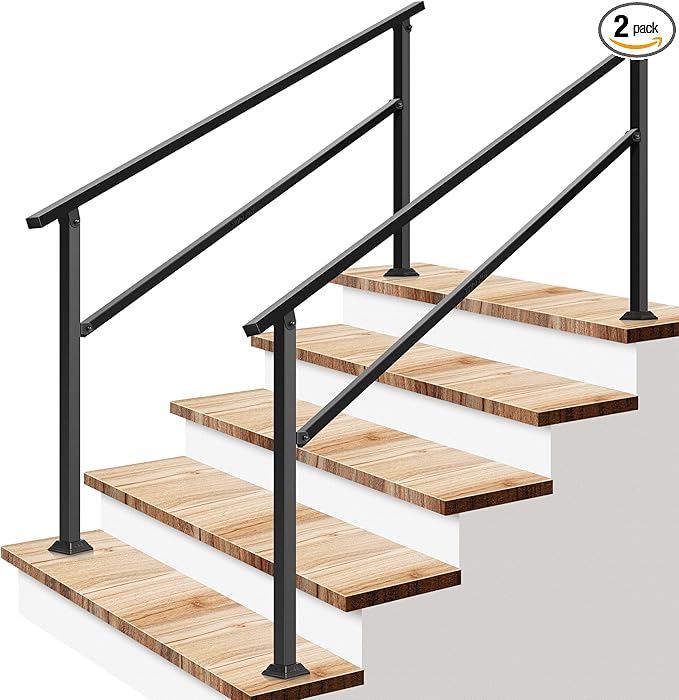VIVOSUN 2-Pack Outdoor Handrail, 5 Step Stair Handrail, 69" x 36" Fits 1 to 5 Steps, Wrought Mattle Iron Handrail for Concrete Steps, Porch Steps, One-Step Assembly, 2 Packs, Black