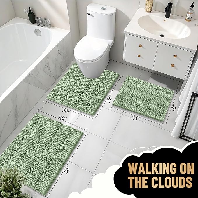 OLANLY Thick Bathroom Rugs 30x20, Extra Soft Absorbent Chenille Striped Bath Rugs, Rubber Backing, Machine Wash Dry, Bath Mats for Bathroom Floor, Tub and Shower, Home Decor Accessories, Sage Green