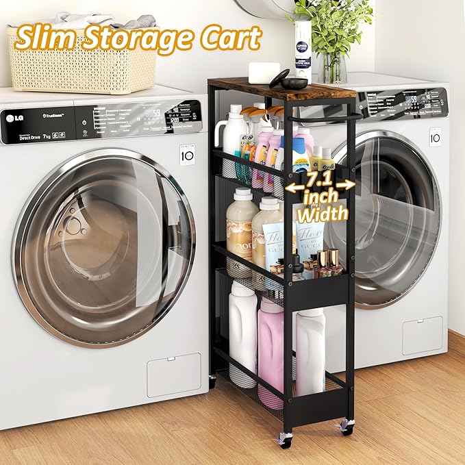 Slim Rolling Storage Cart, 4 Tier Metal Narrow Utility Cart with Handle and Wood Top, Multifunctional Small Mobile Shelf Unit Organizer Trolley for Laundry, Bathroom, Kitchen
