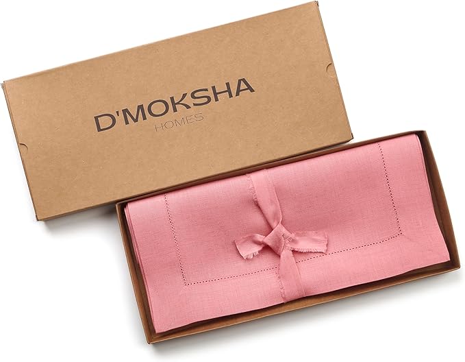 D'Moksha Homes Linen Dusty Pink Table Runner 72 Inches Long - 100% Pure Linen Hemstitch Table Runner 14 x 72 Inch for Dresser, Dining, Valentines, Spring, Easter - Classic Hemstitch