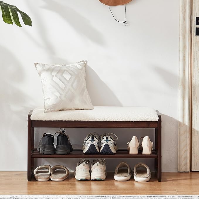 Shoe Rack Bench,2 Tier Wooden Entryway Bench with Shoe Storage, Shoe Rack with Cushion for Living Room, Hallway(Cream White, 31.5")