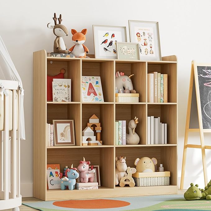 Cozy Castle Bookshelf, 3-Tier Open Bookshelf, 10 Cube Horizontal Bookcase, Storage Organizer with Anti-Tilt Device, Wood Bookcase for Home Office, Bedroom, Living Room, Oak