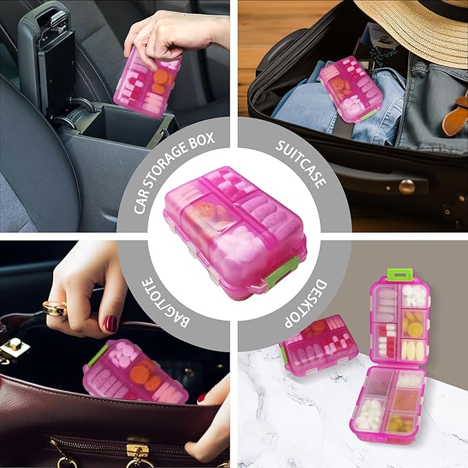 Large Pill Organizer with Medicine Labels - 7 Day Travel Daily Container, Mini Medication Storage Case (Purple, 161 Labels)