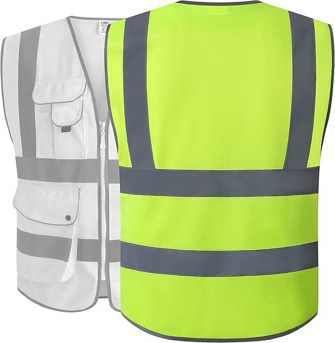 JKSafety 9 Pockets Class 2 High Visibility Zipper Front 6 Pack Safety Vest With Reflective Strips,Meets ANSI/ISEA Standard （155 Yellow L
