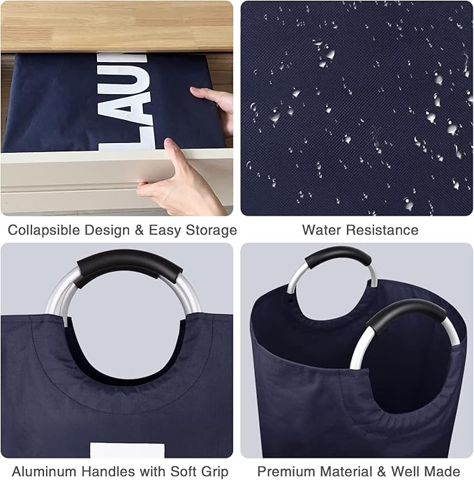 Large Laundry Basket Collapsible，Freestanding Clothes Hamper Bag with Handles – Tall Folding Dirty Laundry Bin，Sturdy Laundry Sorter for College Dorm，Laundry Room – 131L (Navy Blue)