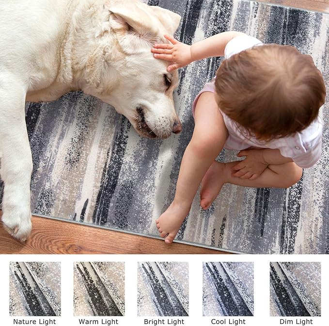 Modern Abstract Runner Rug 2.6x8, Grey Black Multi Washable Kitchen Runner Non-Slip Soft Hallway Rug Runner Thin Print Faux Wool Carpet for Entryway Bedroom Laundry Room Indoor Home Decor