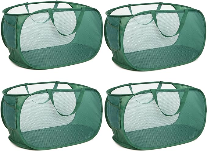 4 Pack Collapsible Laundry Baskets, Foldable Laundry Basket with Pocket, Durable Pop Up Hampers, Reinforced Handles Dirty Clothes Hamper for Laundry, Bedroom, Bathroom, Dorm, Travel or Camping Green