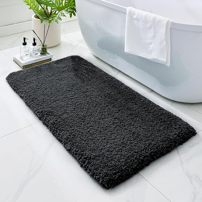 Bathroom Rugs 48x24, Ultra Thick Shaggy Soft Microfiber Absorbent Bath Rug, High Density Foam Latex Non Slip Backing, Machine Washable Bath Mats for Bathroom Floor & Sink, Black