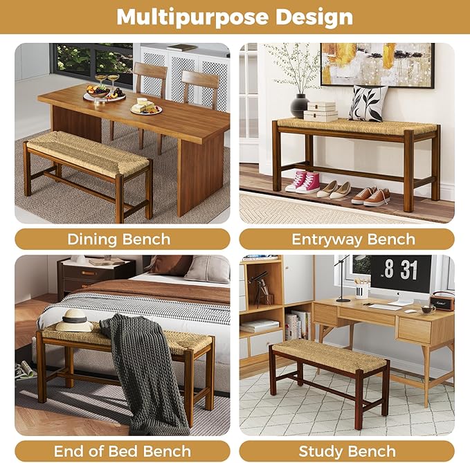 GOFLAME 40” Dining Bench Set of 2, Farmhouse Boho Entryway Bench with Woven Seagrass Seat, End of Bed Bench with Rubber Wood Frame, Accent Indoor Bench for Bedroom, Dining Room, Living Room, Hallway