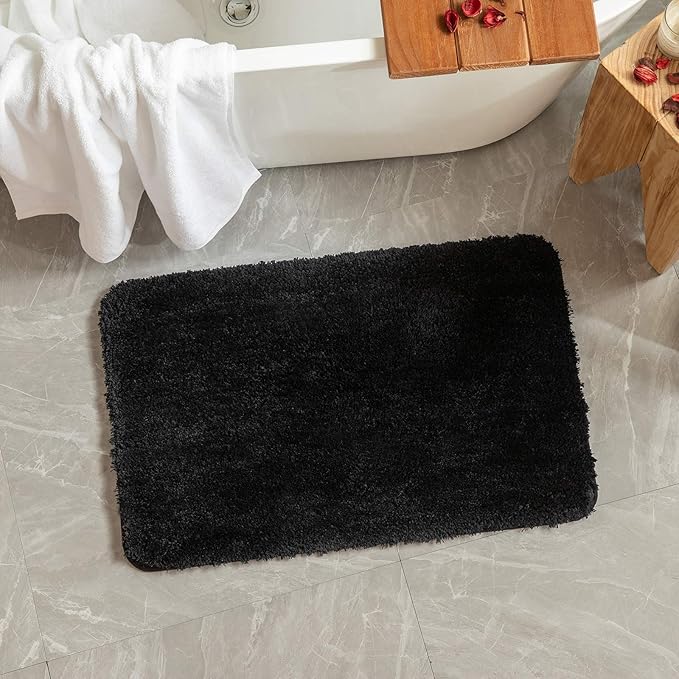 MIULEE Black Small Bathroom Rug Shaggy Soft Bath Rug Mats for Bathroom Non Slip Thick Absorbent Plush Washable Mat Carpet Living Room Bedroom Floor, 16x24 inches