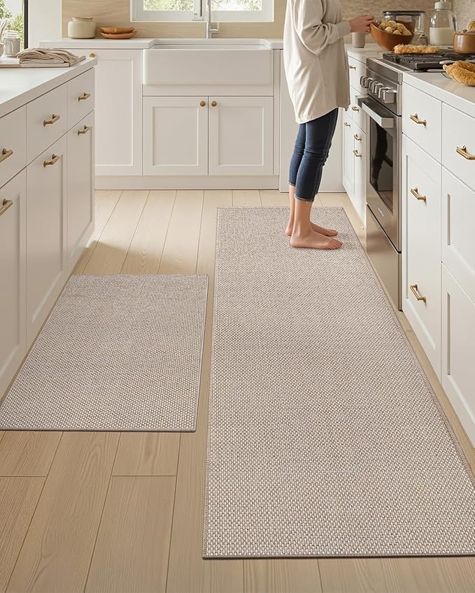 Color&Geometry Washable Kitchen Floor Mats Set,Extra Long Absorbent Non Slip Kitchen Runner Rug for Front Sink, Laundry, Hallway, 24"x36"+24"x72", Beige