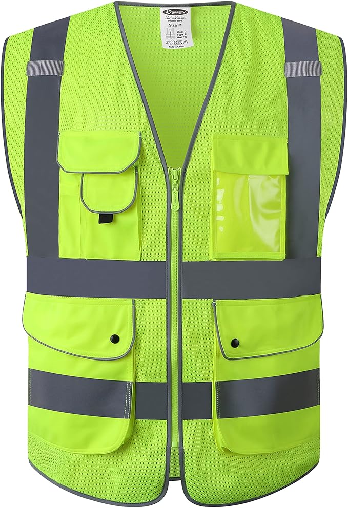 JKSafety 9 Pockets High Visibility Safety Vest for Men and Women, Hi-Vis Reflective Yellow Safety Vests with Zipper Front, Meet ANSI/ISEA Class 2 Type R (159-Yellow 3XL)