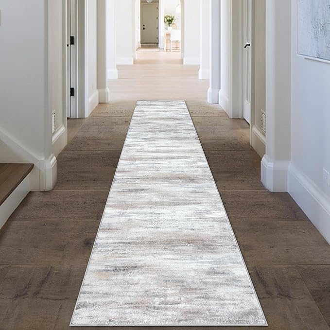 KOZYFLY Modern Abstract Runners for Hallways 2x10 Washable Rug Runner Non-Slip Soft Striped Kitchen Runner Rugs, Beige Print Carpet Runner for Entryway Bathroom Laundry Room Foyer