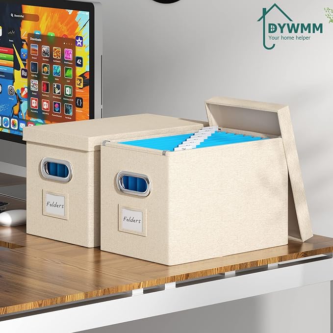 Hanging File Box with Lid, Set of 2 Filing Organizer Storage Box, Linen Collapsible Decorative Office/Home File Cabinet (14x9.3x10.9 inch) (Beige)