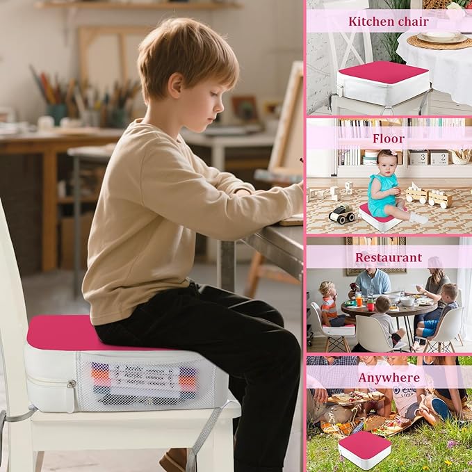 Booster Seat for Kitchen Chair - 4-Point Anchor 3.8" Lift Toddler Booster Seat for Dining Table with Side Pockets, Non-Slip & Portable Dining Cushion for Kids (Pink)