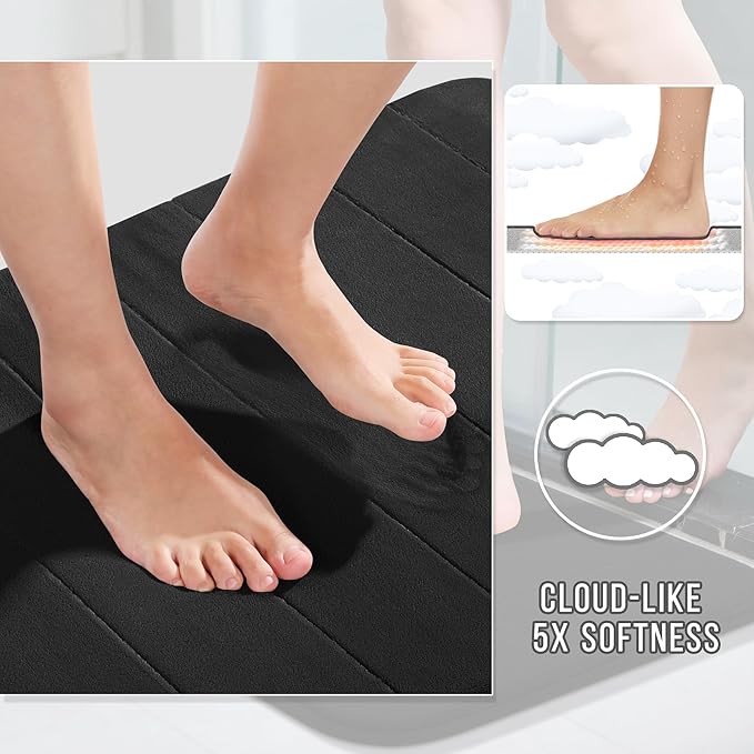 Yimobra 3 Pieces Memory Foam Bath Mat Set with U-Shaped Toilet Rug - Non Slip Super Soft Absorbent Quick Dry Bathroom Rugs for Bathtub, Vanity & Toilet Base, Black