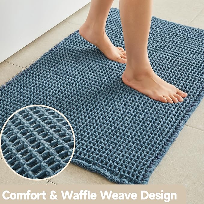 Waffle Bath Mat, Boho Bathroom Rugs Non Slip Washable Super Absorbent Quick Dry Bath Mat Farmhouse Bathroom Decor, 36"x24" Denim Blue