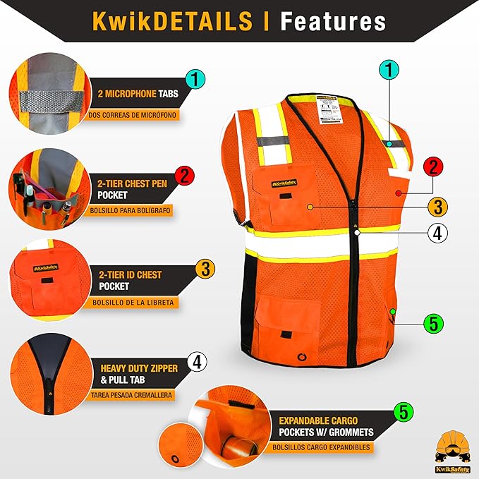 KwikSafety - Charlotte, NC - BIG KAHUNA Safety Vest [2 PACK] Class 2 ANSI OSHA Reflective Vest Durable High Visibility Vest Construction Safety Vest for Men Industrial Work Gear/Orange XL