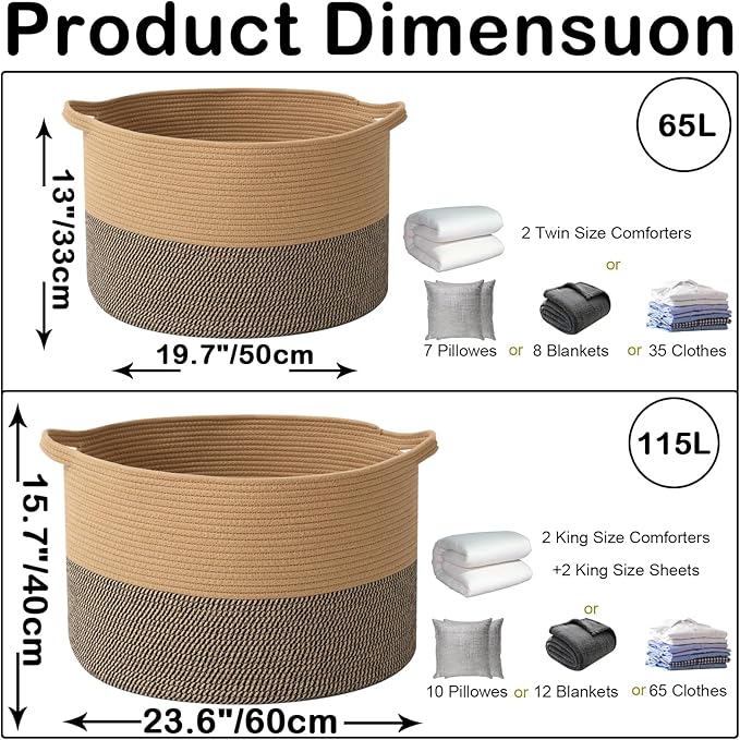 Large Storage Basket with Handle,19.7" L x 19.7" W x 13" H Blanket Basket Storage Bins for Organizing,65L Cotton Rope Woven Baskets for Living Room, Nursery ,Bedroom,Jute&Black