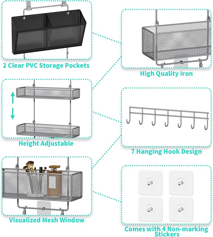 HapiRm Over Door Organizer Hanging - 6 Tier Over The Door Storage with Visual Pockets & Hooks, with 4 Metal Large Capacity Baskets for Bathroom Bedroom Kitchen Pantry Cabinet(Grey)