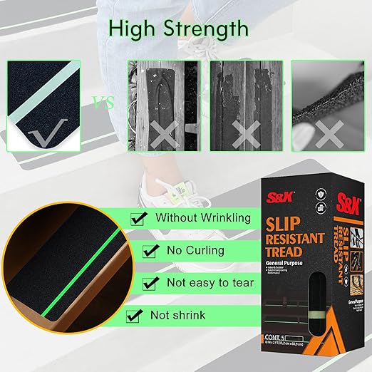 S&X Outdoor Stair Treads Non-Slip Tape 6” x 24”, 10-Pack Pre-Cut Anti Slip Tape with Glow-in-The-Dark Strip - Premium Grip Tape for Stairs, Steps, Ramps, Decks, Boats, and Trailers