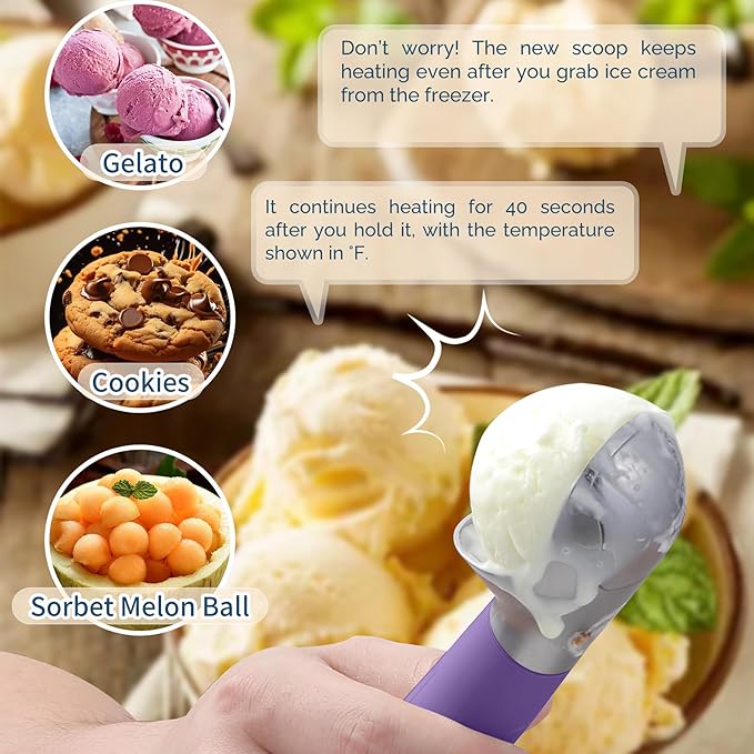 Heated Ice Cream Scoop Rechargeable, Electric Warming Ice Cream Scooper with LED Display, Heats to 158°F for Hard Ice Cream, Easy for Seniors & Kids, IP67 Waterproof (Royal Purple, 2oz)