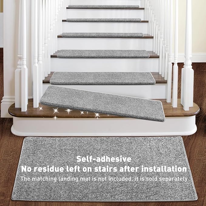 PURE ERA Bullnose Carpet Stair Treads Set Tape Free Non-Slip Indoor Stair Protectors Pet Friendly Rugs Covers Soft Skid Resistant Washable Reusable 9.5" x 30"(2 Pieces,Light Gray)