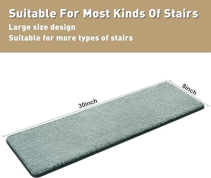 PURE ERA Carpet Stair Treads Ultra Plush 8 x 30 inch Soft Indoor Stair Protectors Pet-Friendly Non-Slip Skid Resistant Tape Free Washable Reusable(7 Pieces,Greenish Gray)